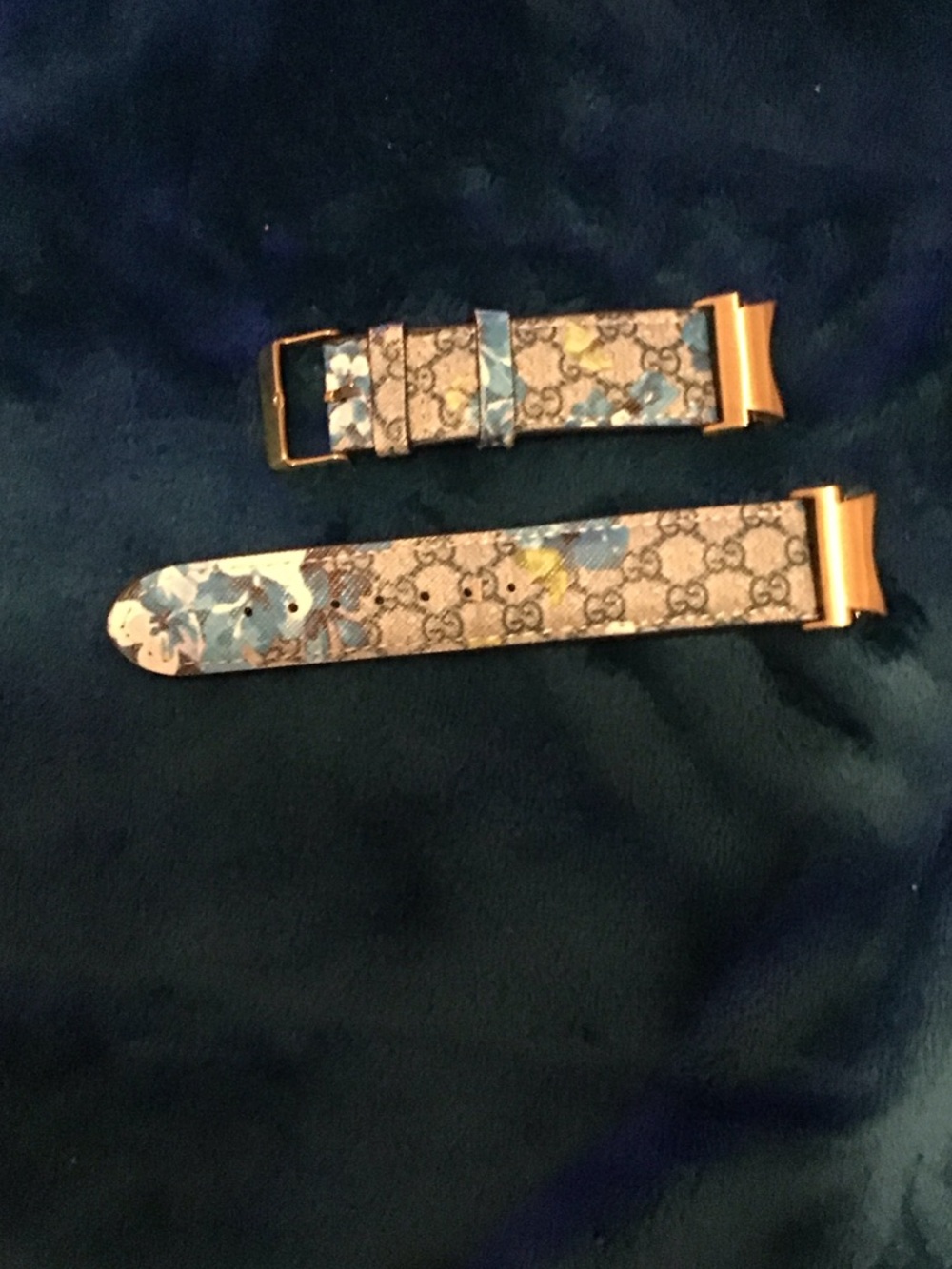 Gucci Beige Monogram Watch Strap with Blue Floral Accents